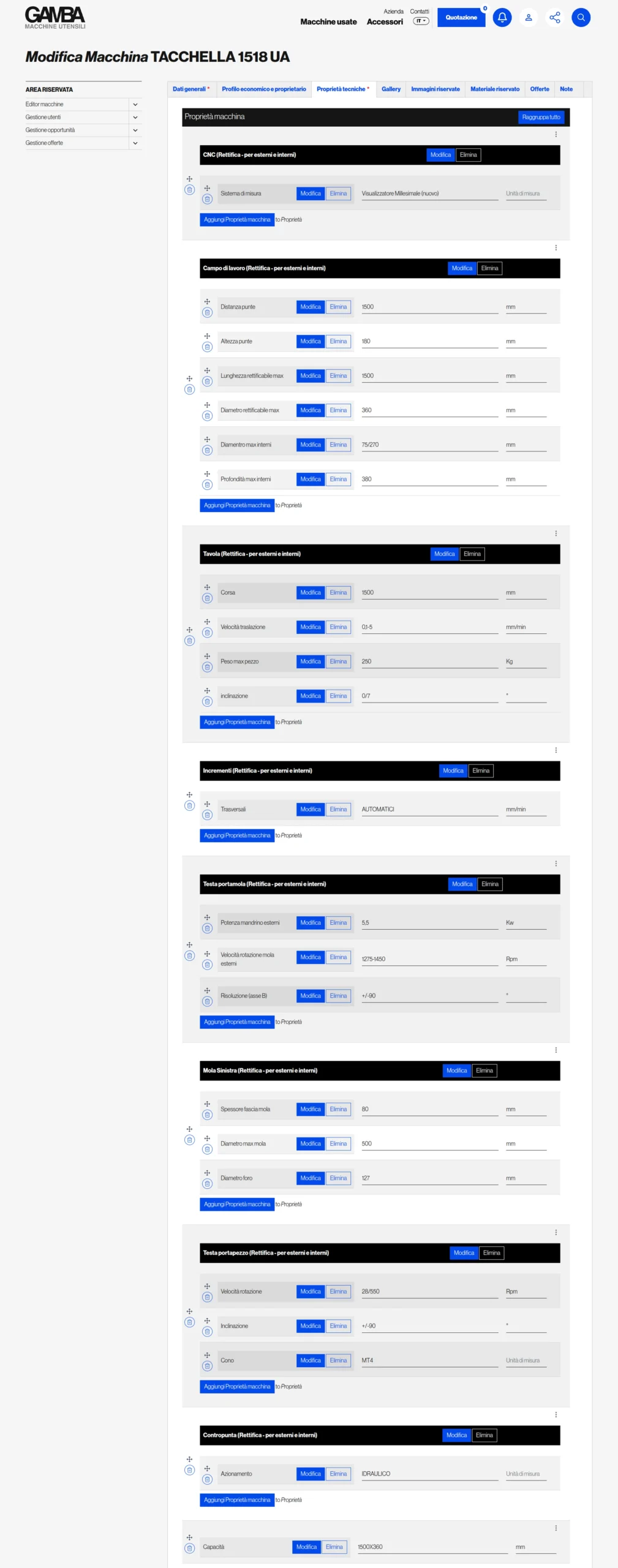 back end gestionale sito rivendita macchine utensili