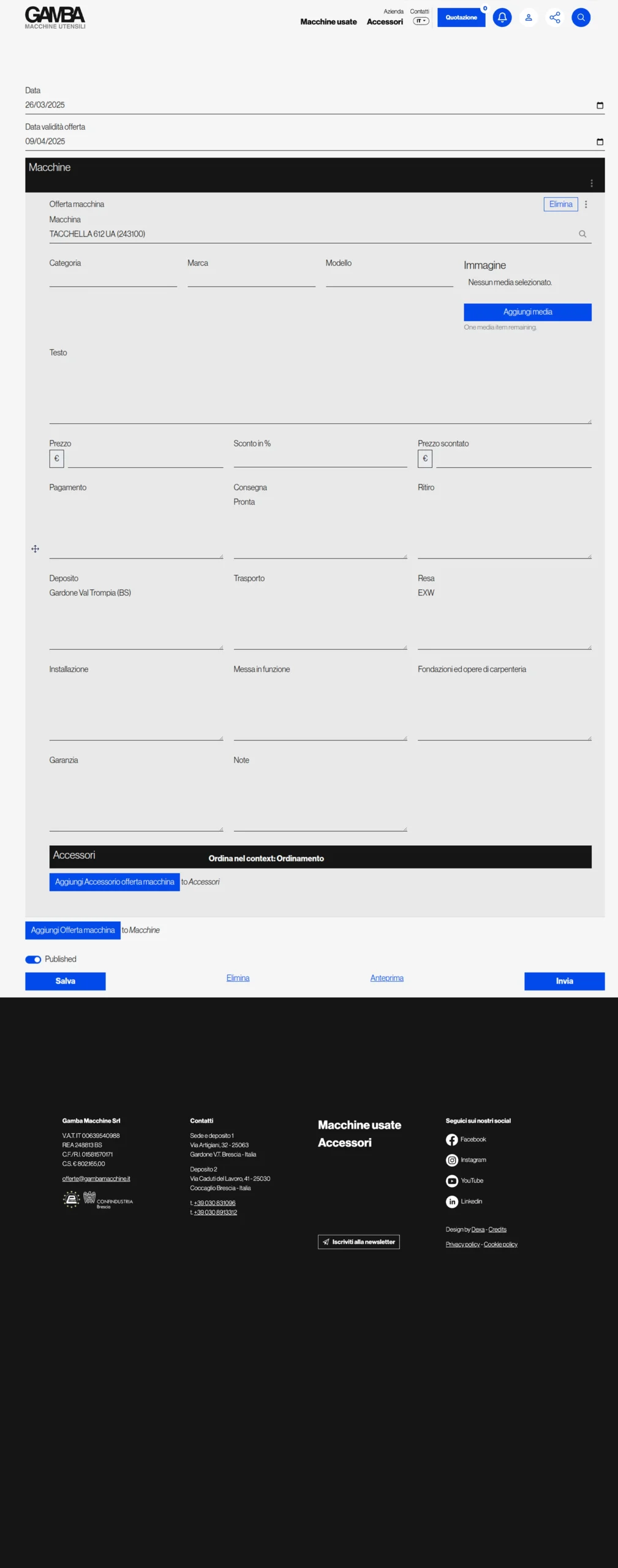 back end gestionale sito rivendita macchine utensili